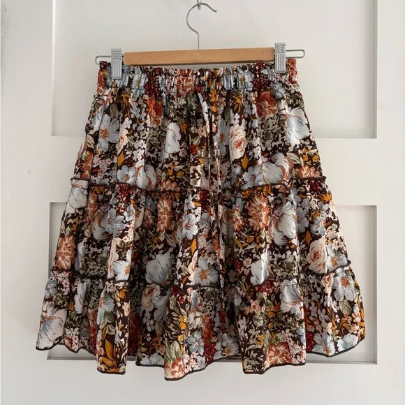 Brown Multicolour Floral Tiered Mini skort size S - Picture 1 of 4